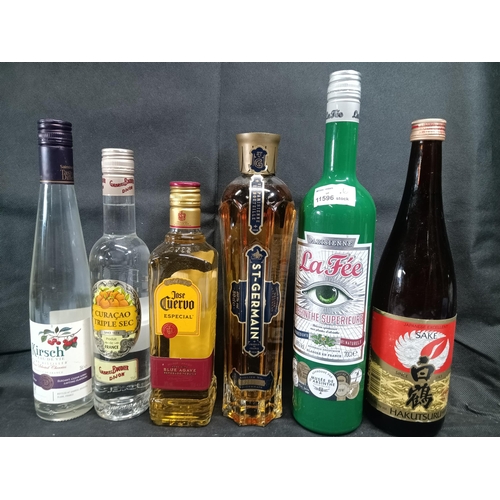 371 - Bottles of Absinthe la Fee, Hakutsuru Saki, St Germaine Jose Cuervu Tequila, Curaco Triple Sec and K... 