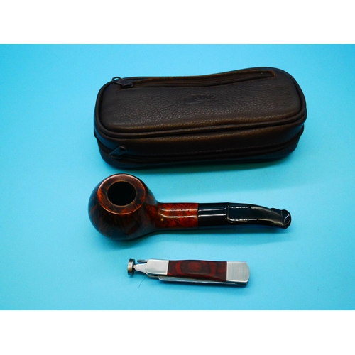 1307 - A Charatans Trafalgar Smooth Curved Imperial Pipe with Brog Pouch and Pipe Tool