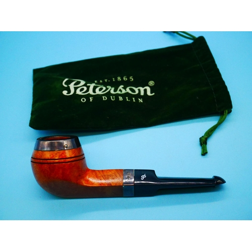 1330 - A Peterson Silver Collard and Silver Capped Dublin Pipe in Drawstring Pouch