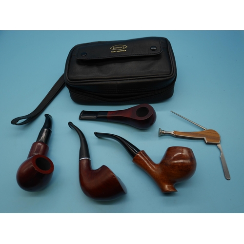 1348 - Four Assorted Tobacco Pipes in Comoys Leather Pouch