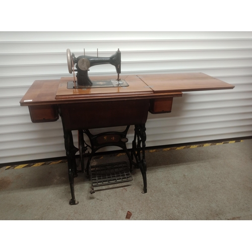 308 - Harris no. 14 Sewing Machine on Table with Inlaid Detailing - Cast Iron Frame