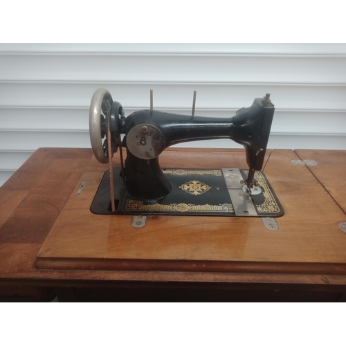 308 - Harris no. 14 Sewing Machine on Table with Inlaid Detailing - Cast Iron Frame