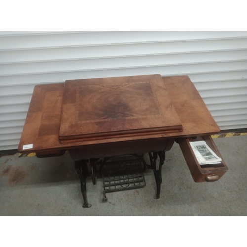 308 - Harris no. 14 Sewing Machine on Table with Inlaid Detailing - Cast Iron Frame