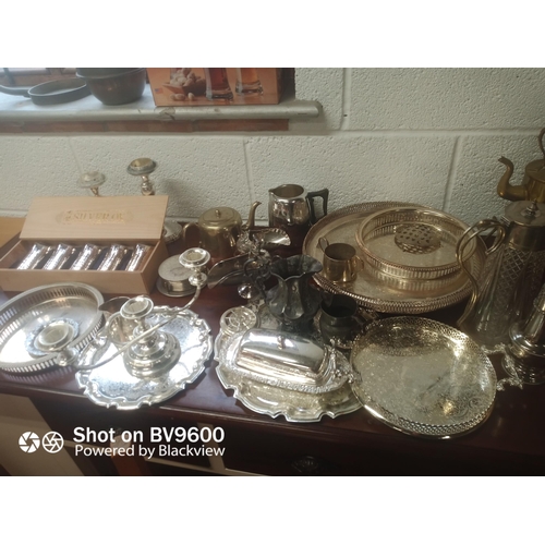 933 - Mixed Box Of Silver Plate & Pewter Trays, Candle Sticks Jugs, Coasters & More.