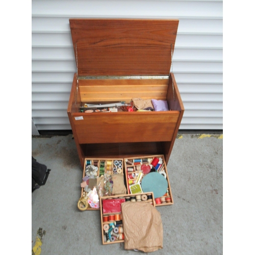 671 - Mid Century Sewing Box, With Shelf. Also Sewing Contents, Cotton, Thread, Patterns & Much More. 58cm... 