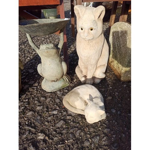 16 - 2 x Stone Cats and a Stone Owl - Chip to beak plus a Metal Frog Bird Bath