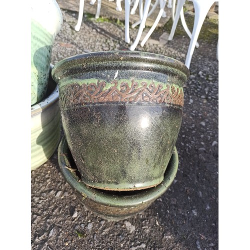 19 - 2 x Glazed Green and Cream Glazed Pots and a Pair of Dark Green Glazed Pots 22cm x 28cm