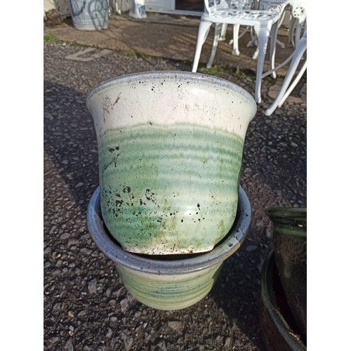 19 - 2 x Glazed Green and Cream Glazed Pots and a Pair of Dark Green Glazed Pots 22cm x 28cm