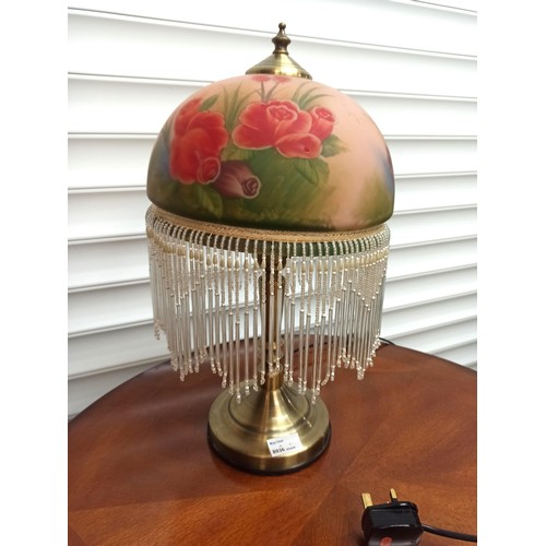 900B - Retro Brass Lamp with Rose Design Shade with Beaded Fringe