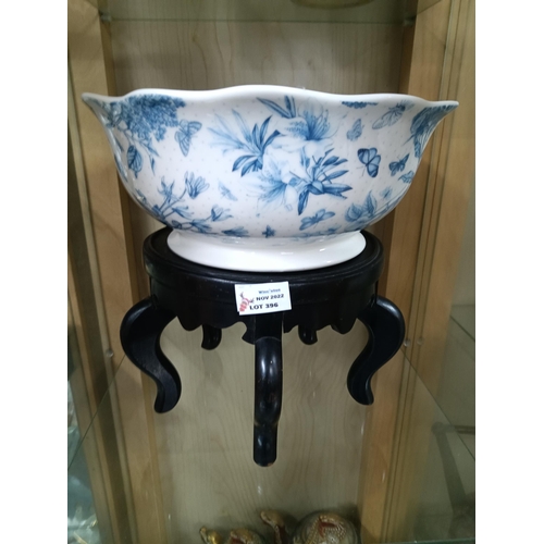 396 - Portmerion Botanic Blue Fruit Bowl on Wooden Stand