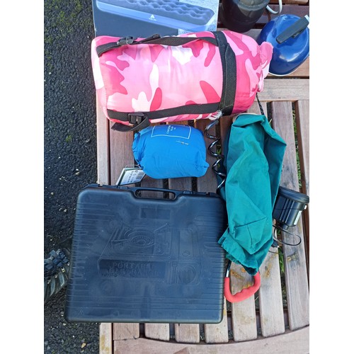 97 - Camping Equipment Including 2 Gas Stoves, Single Inflatable Bed, Travel Kettle, Tent Pegs, Sleeping ... 