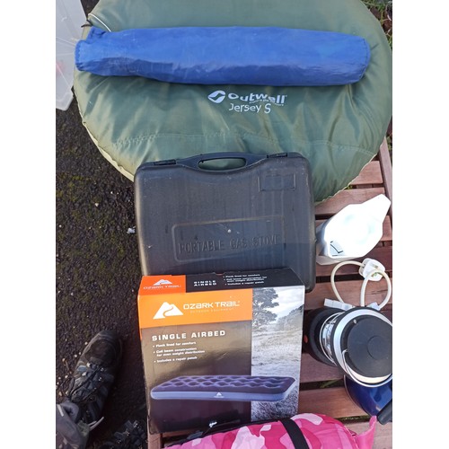 97 - Camping Equipment Including 2 Gas Stoves, Single Inflatable Bed, Travel Kettle, Tent Pegs, Sleeping ... 