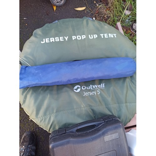 97 - Camping Equipment Including 2 Gas Stoves, Single Inflatable Bed, Travel Kettle, Tent Pegs, Sleeping ... 