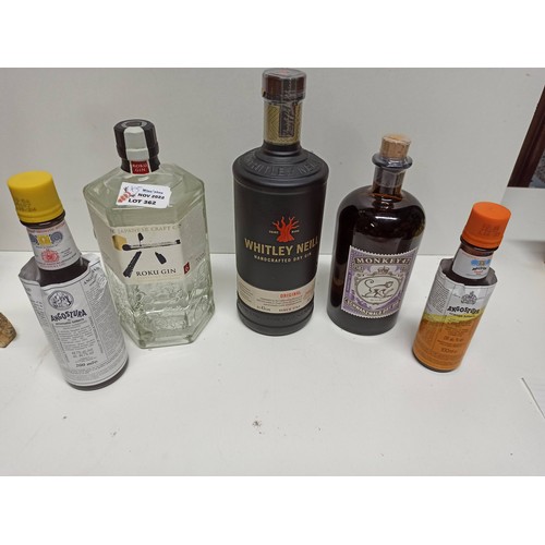 362 - Bottles of Monkey 47 Schwarz-Wald Dry Gin 50cl, Whitley Neil Gin 70cl, Roku Japanese Gin 70cl and 2 ... 