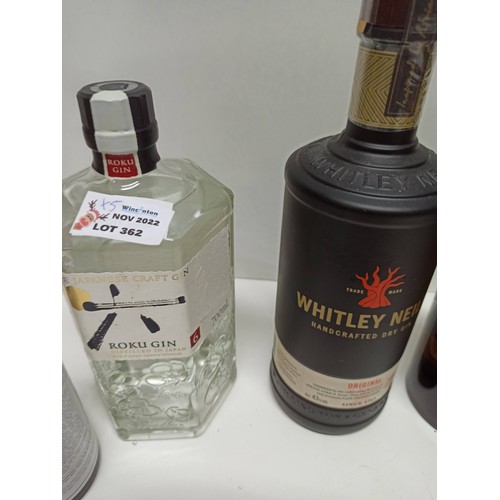 362 - Bottles of Monkey 47 Schwarz-Wald Dry Gin 50cl, Whitley Neil Gin 70cl, Roku Japanese Gin 70cl and 2 ... 