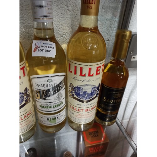 367 - 2 x Bottles of Lillet Blanc, O.P. Anderson Aquavite, Monin Creme De Menth and a Bottle of Sauterues