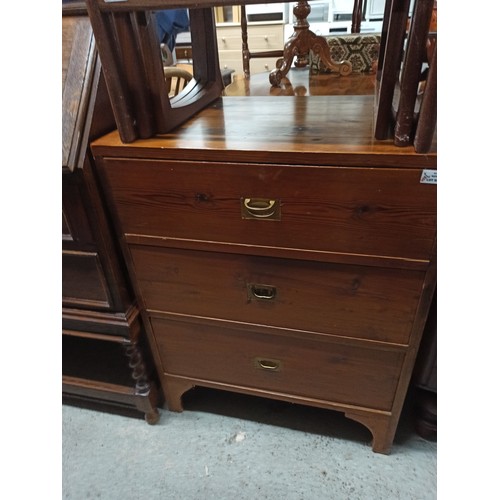 859 - 3 Drawer Pine Chest With Brass Effect Handles.
84cm H x 65cm W x 41cm D