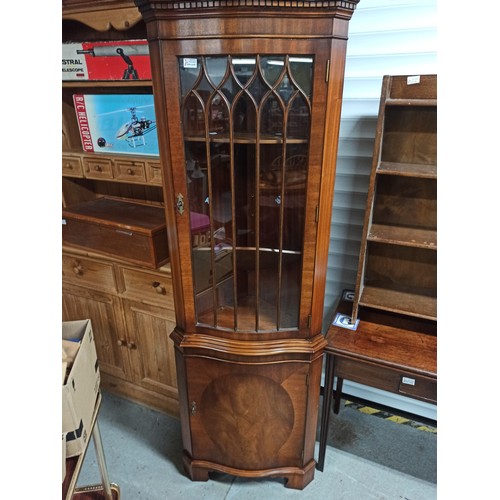 1115 - Inlaid Corner Display Unit With Cupboard & Glazed Door. 180cm H, 60cm W, 40cm D