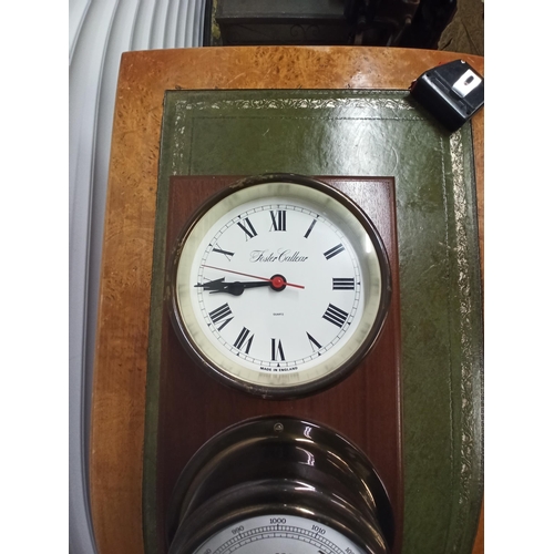 667E - A Foster Callear Brass Clock and Barometer on Wooden Plinth