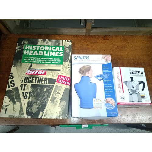 812B - Historical Headlines Boxed Newspapers, Sanitas Back and Neck Heating Pad, Bialetti Coffee Makers