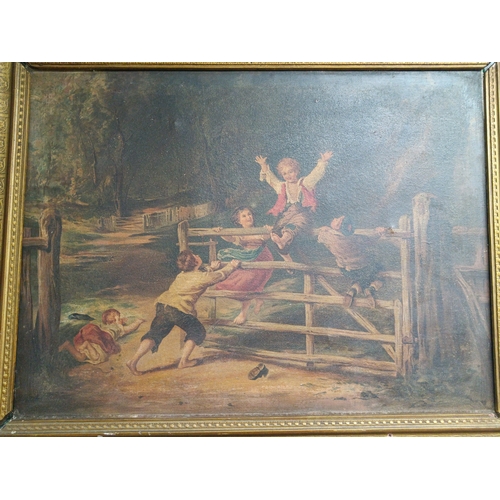 394B - Antique Oil on Canvas of Children Playing on a Five Bar Gate ( Frame Damaged)