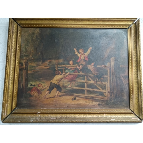 394B - Antique Oil on Canvas of Children Playing on a Five Bar Gate ( Frame Damaged)