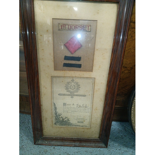 386D - WW1 1st Dorset Regimental Colours Framed with Certificate from Major General Thomas Stanton Lambert ... 