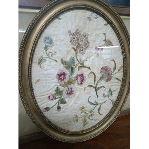 984B - Antique Floral Embroidery in a Oval Gilt Frame