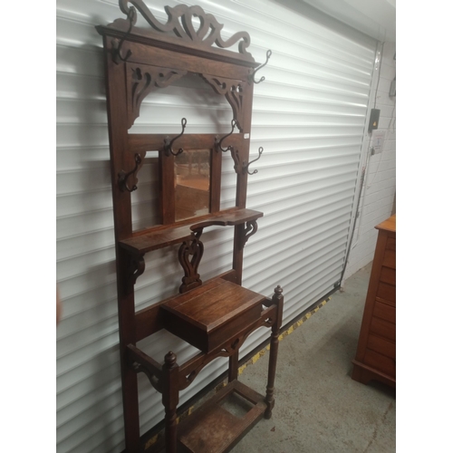 755 - Antique Oak Hall Stand With Original Coat Hooks & Mirror, No Trays