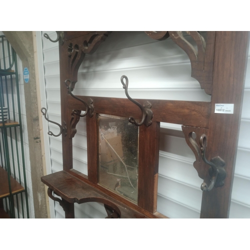 755 - Antique Oak Hall Stand With Original Coat Hooks & Mirror, No Trays