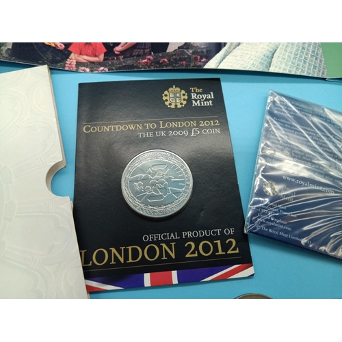 610 - 4 x £5 Coins : 2012 Diamond Jubilee, 2012 London Olympics, 2007 Diamond Wedding, 2009 Accession of H... 