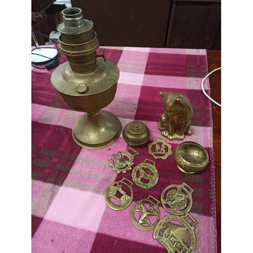 339 - A Selection Of Brass, Including Horse Brasses, Oil lamp, A cat & More.