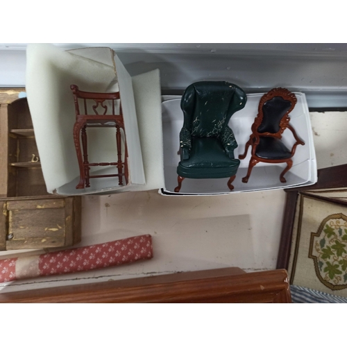 1111 - Dolls House Furniture including 4 Poster Bed, Chairs, Crockery, Material and More