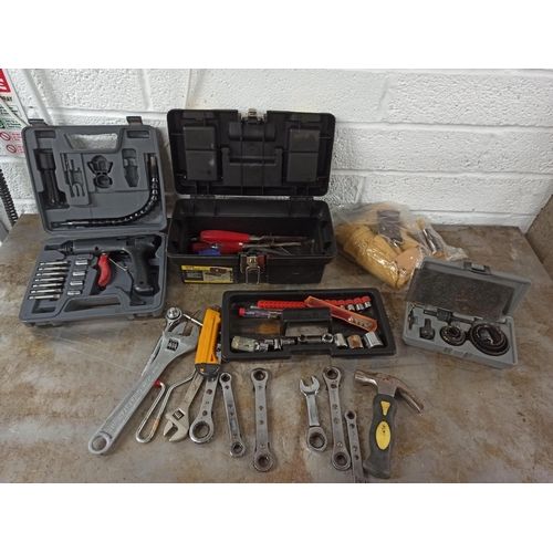 Small Plastic Tool Box With Contents. Hole Cutter Drill Set Manuel Driver &  Tool Belt.