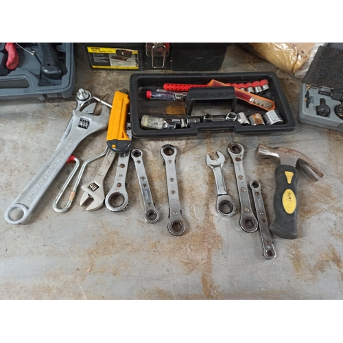 96 - Small Plastic Tool Box With Contents. Hole Cutter Drill Set Manuel Driver & Tool Belt.