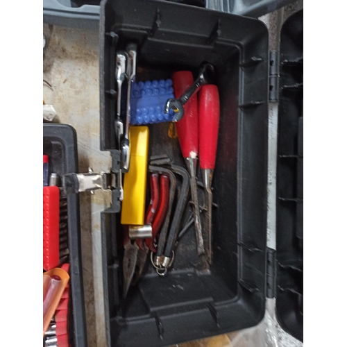 96 - Small Plastic Tool Box With Contents. Hole Cutter Drill Set Manuel Driver & Tool Belt.