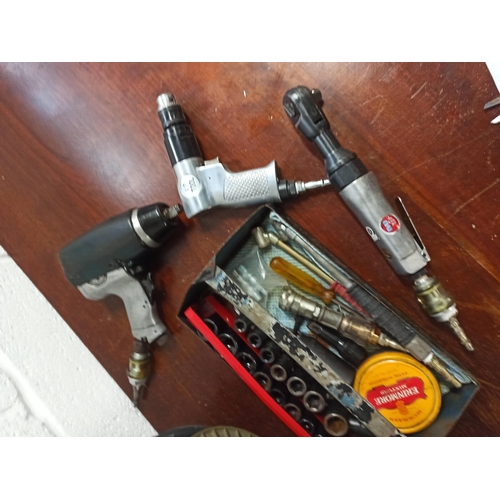 126 - Air Tools With Airline Reel. Including Socket, Drill & Impact Wrench.