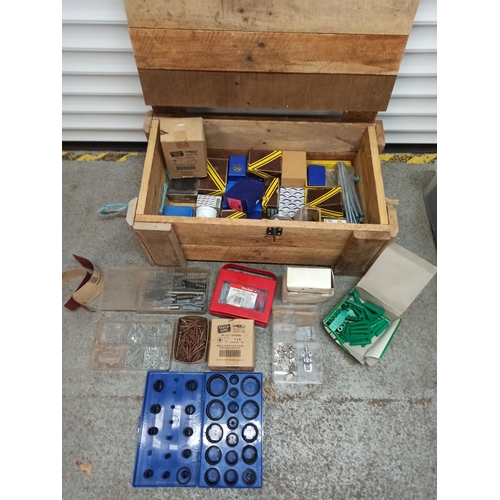 86 - A Wooden Crate Full Of Fixings, Screws, Plugs, Bolts, Springs, Washers & Much More.