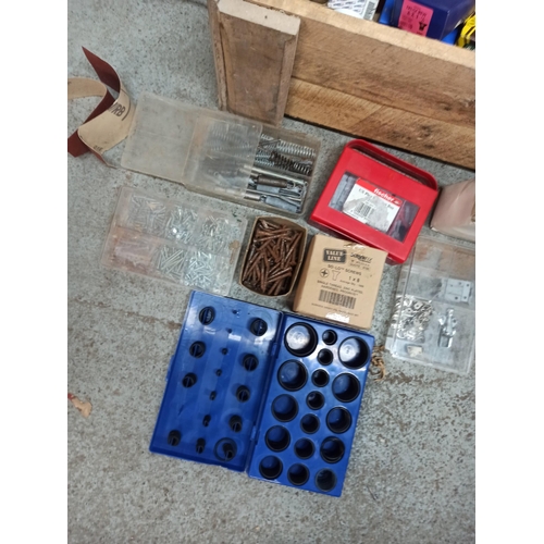 86 - A Wooden Crate Full Of Fixings, Screws, Plugs, Bolts, Springs, Washers & Much More.