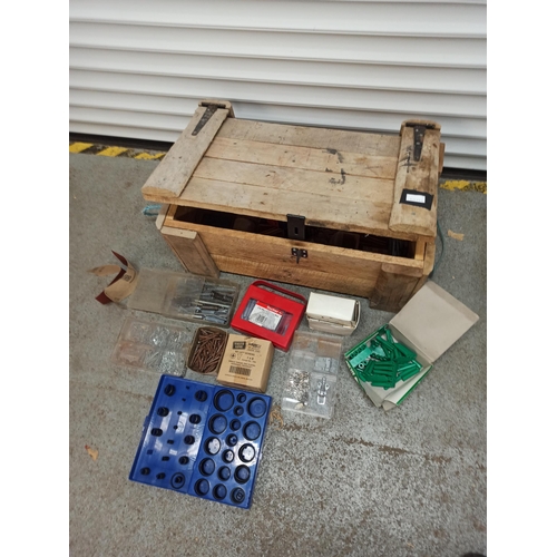 86 - A Wooden Crate Full Of Fixings, Screws, Plugs, Bolts, Springs, Washers & Much More.