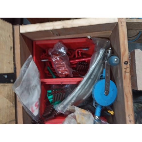 68 - A Wooden Crate of Mixed Fixings, Electrical Items, Plumbing Tools & Much More.