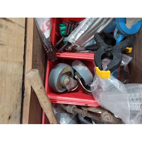 68 - A Wooden Crate of Mixed Fixings, Electrical Items, Plumbing Tools & Much More.