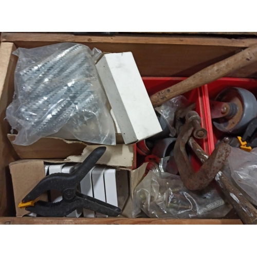 68 - A Wooden Crate of Mixed Fixings, Electrical Items, Plumbing Tools & Much More.