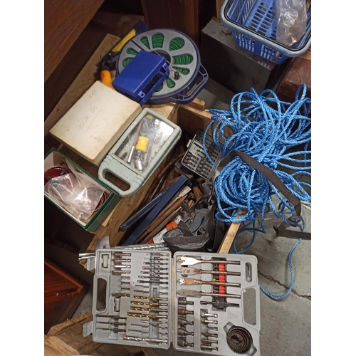 185 - A Wooden Crate Of Mixed Tools, Hose Pipe, Rope, Drill Bits, Hole Saws, Stilsons, SDS Bits & Much Mor... 