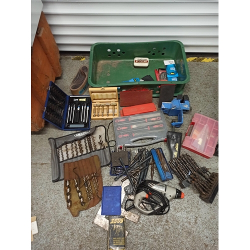 70 - A Mixed Box Of Tools & Accessories, Including Drill, Drill Bits, clamp Squares & More.