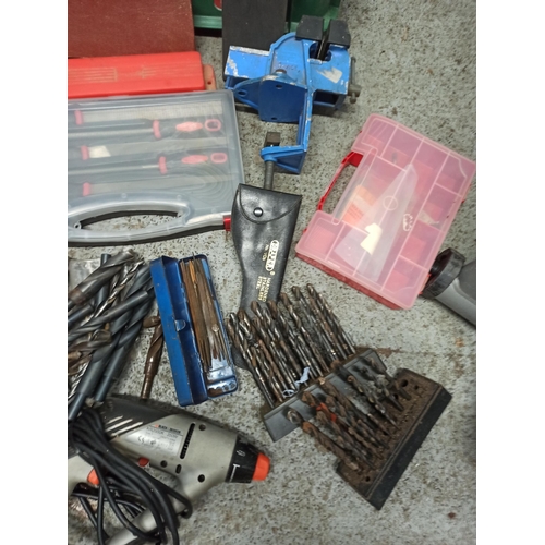 70 - A Mixed Box Of Tools & Accessories, Including Drill, Drill Bits, clamp Squares & More.