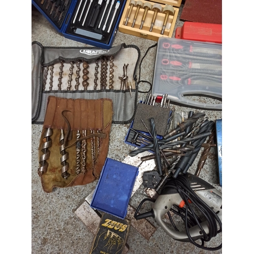 70 - A Mixed Box Of Tools & Accessories, Including Drill, Drill Bits, clamp Squares & More.