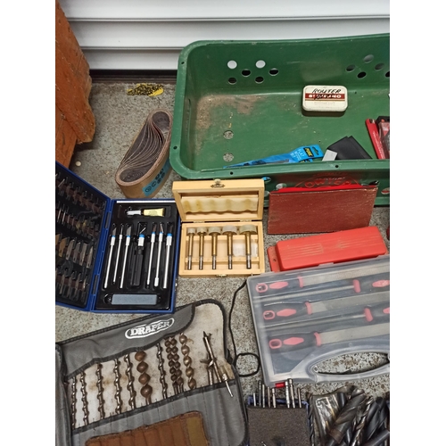 70 - A Mixed Box Of Tools & Accessories, Including Drill, Drill Bits, clamp Squares & More.