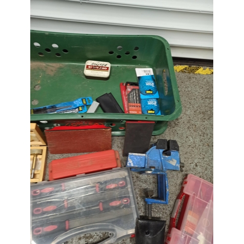 70 - A Mixed Box Of Tools & Accessories, Including Drill, Drill Bits, clamp Squares & More.