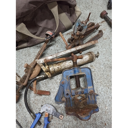 210 - A Mixed Bag Of Vintage & Antique Tools, Including Foot Pump, Grease Guns, Clamps & more.